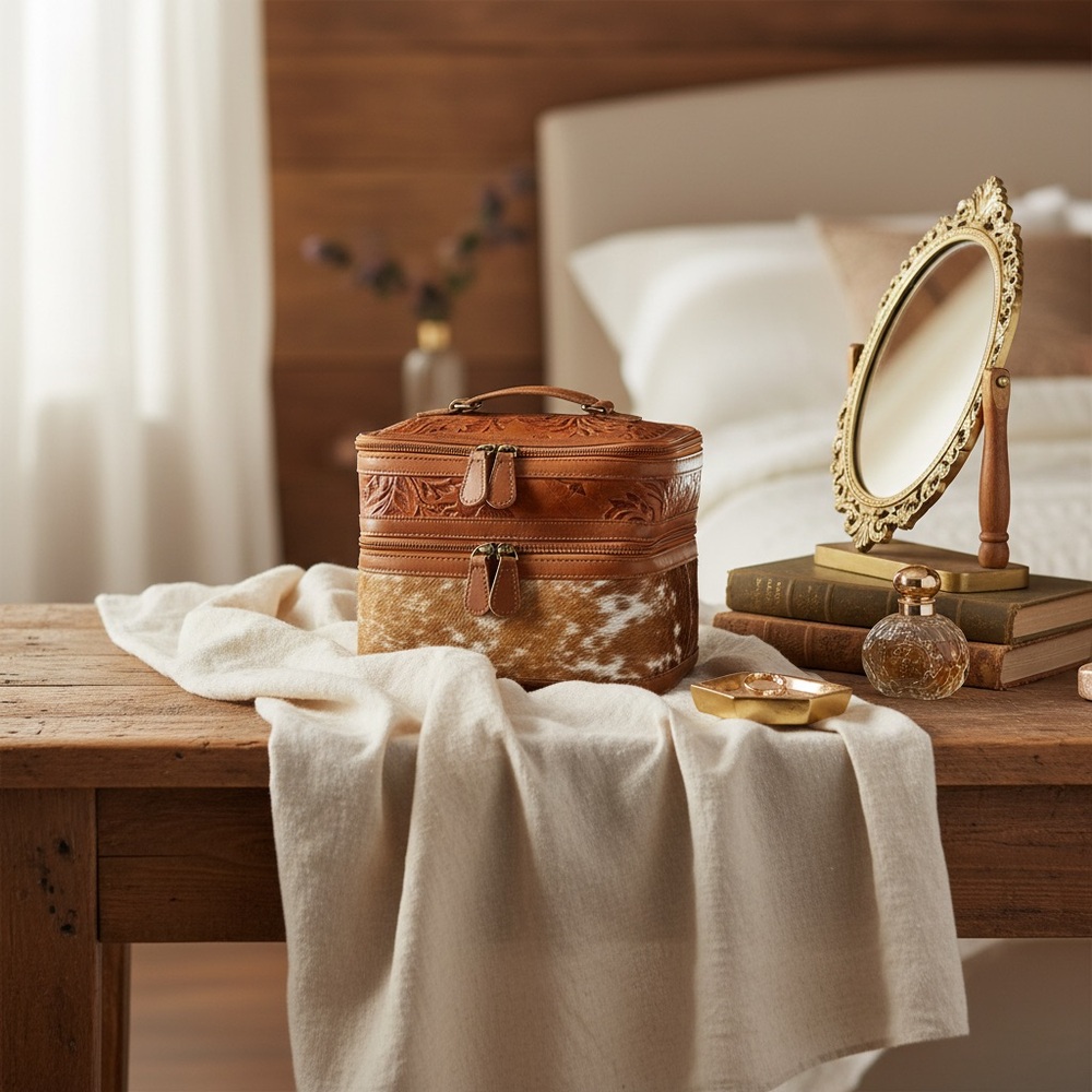 Leather Cowhide Makeup Bag – Tan Embossed Travel Cosmetic Dopp Kit – NWT